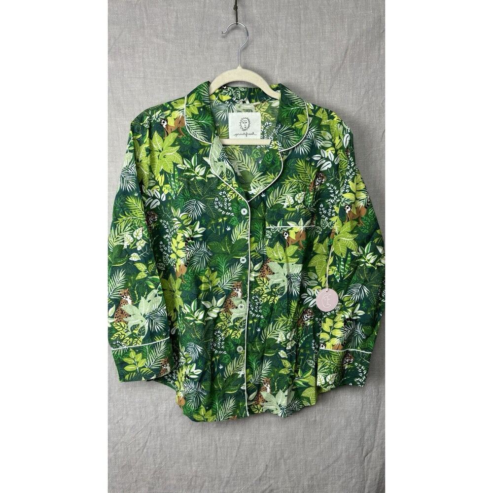 New Print Fresh Anthropologie Pajama Top Small Green Jungle Tiger Cheetah Lemur